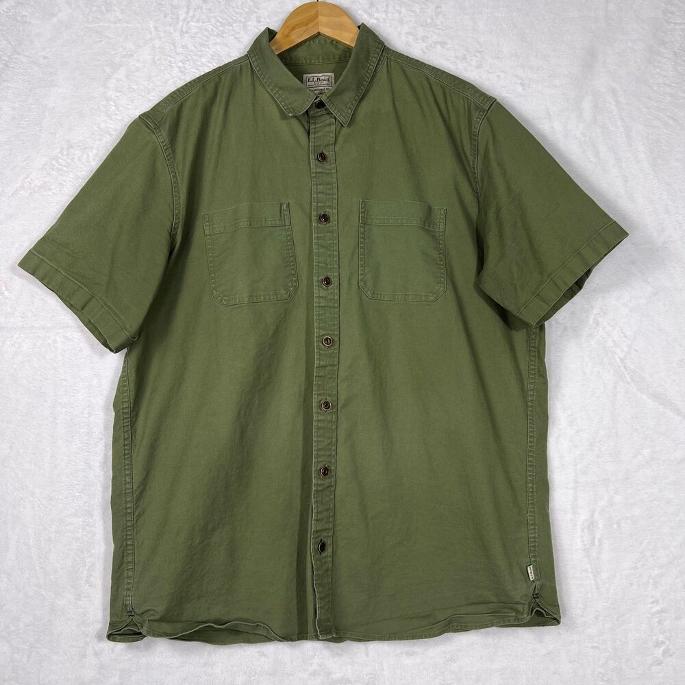 LL Bean Mens L Tall Short Sleeve Button Up Shirt Olive Green Stretch Moleskin